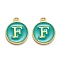 Golden Plated Alloy Enamel Charms, Enamelled Sequins, Flat Round with Alphabet, Letter.F, Green, 14x12x2mm, Hole: 1.5mm