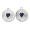 Real Platinum Plated Brass Pendants, with Glass, Flat Round with Heart Charms, Marine Blue, 17x15x3mm, Hole: 1.4mm