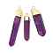 Natural Quartz Crystal Pointed Pendants, Bullet Shape, Dyed, with Golden Brass Finding, Dark Violet, 35~53x7~13x5.5~10mm, Hole: 2.5mm