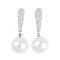 Rack Plating Brass Clear Cubic Zirconia ABS Pearl Earrings, Cadmium Free & Lead Free, Long-Lasting Plated, Round, Hoop Earrings, Platinum, 32x5mm