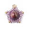 Natural Tiger Eye(Dyed & Heated) & Handmade Glass Seed Beaded Star Pendants, with Jump Rings, Golden, Lilac, 16~16.5x17x8~8.5mm, Hole: 3mm