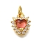 Brass Micro Pave Cubic Zirconia with Glass Pendants, Heart Charms, Lead Free & Cadmium Free, Real 18K Gold Plated, Rack Plating, with Jump Ring, Salmon, 11x9x4.5mm, Hole: 3mm