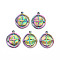 201 Stainless Steel Pendants, Hollow, Flat Round with Cross, Rainbow Color, 17x13.5x2mm, Hole: 1.4mm
