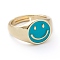 Adjustable Brass Enamel Finger Rings, Long-Lasting Plated, Smiling Face, Real 18K Gold Plated, Deep Sky Blue, US Size 7 1/4(17.5mm)