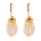 304 Stainless Steel Leverback Earrings, with Wire Wrapped Natural Cowrie Shell Beads, Golden, Bisque, 41mm, Pin: 0.7mm