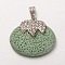 Platinum Plated Alloy Synthetic Lava Rock Oval Pendants, with Crystal Rhinestones, Dyed, Pale Green, 36x41x14mm, Hole: 7x4mm