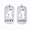 Non-Tarnish 201 Stainless Steel Pendants, Laser Cut, with Jump Rings, Rectangle with Number and Word LUCKY, Stainless Steel Color, Num.4, 35x17x1.5mm, Jump Ring: 6x1mm, Inner Diameter: 4mm