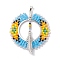 Seed Glass & Alloy Feather Pendant, with Brass Findings, Flat Round, Mixed Color, 45x40x3mm, Hole: 5x3.5mm