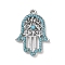 Alloy Pendants, with Glass Rhinestone, Hamsa Hand with Evil Eye, Platinum, 32x22x3mm, Hole: 2mm