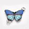 Printed Alloy Links connectors, with Enamel, Butterfly, Platinum, Blue, 14.5x20.5x2mm, Hole: 1.8mm