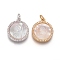 Brass Pendants, with Micro Pave Cubic Zirconia, Shell and Jump Rings, Flat Round with Virgin Mary, Clear, Mixed Color, 18x15x3mm, Hole: 3mm