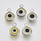 Handmade Lampwork Charms, with 304 Stainless Steel Findings, Flat Round with Evil Eye, Yellow, 9.5x6.5x2.5mm, Hole: 1.5mm