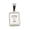 304 Stainless Steel Pave Natural White Shell Pendants, Rectangle with Letter Charms, Stainless Steel Color, Letter T, 17.5x12x1.5mm, Hole: 6x3mm