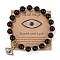 Natural Black Stone Round Beads Stretch Bracelets, Alloy Micro Pave Clear Cubic Zirconia Evil Eye Charm Bracelets for Women, 7-1/2 inch(19cm)