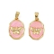 Brass Micro Pave Cubic Zirconia Pendants, Cadmium Free & Lead Free, with Enamel, Oval with Butterfly, Real 18K Gold Plated, Pink, 17.5x12.5x2.5mm, Hole: 4.5x2.5mm