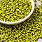 6/0 Opaque Colours Seep Glass Seed Beads, Round Hole, Round with Stripe Pattern, Yellow Green, 3~4.5x3~4.5mm, Hole: 1.2~1.5mm