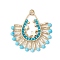 Bohemia Style Glass Twisted Bugle Fan Beaded Pendants, with 201 Stainless Steel Linking Rings & Brass Beads & Natural Magnesite Beads, Real 18K Gold Plated, 33x33x3mm, Hole: 3.5mm