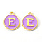 Golden Plated Alloy Enamel Charms, Enamelled Sequins, Flat Round with Letter, Medium Purple, Letter.E, 14x12x2mm, Hole: 1.5mm