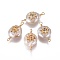 Natural Pearl Links connectors, with Cubic Zirconia and Brass Findings, Flat Round with Sun, Golden, Mixed Color, 19~26x10~12x6~9mm, Hole: 1.6mm