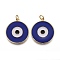 Brass Enamel Pendants, with Jump Rings, Long-Lasting Plated, Flat Round with Midnight Blue Evil Eye, Real 18K Gold Plated, 22.5x20x2~2.5mm, Hole: 3mm