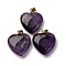 Natural Amethyst Pendants, Heart Charms with 201 Stainless Steel Snap on Bails, Golden, Ion Plating(IP), 28.5~29.5x25~25.5x8~8.5mm, Hole: 5.5x3.5mm