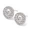 Brass Stud Earring Finding, with Vertical Loops, Flat Round with Sun, Real Platinum Plated, 14mm, Hole: 1.4mm, Pin: 0.7mm