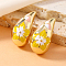 Elegant Teardrop with Flower Pattern Alloy Stud Earrings, Yellow, 33x18mm