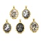 Natural Black Lip Shell Carved Cat Pendants, Brass Oval Charms, Golden, 27x19.5x2.5~3.5mm, Hole: 4x3.5mm