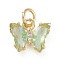 Brass Micro Pave Clear Cubic Zirconia Pendant, with Glass, Butterfly, Golden, Dark Sea Green, 11x9.5x3mm, Hole: 3.5mm