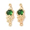 Brass Pave Green Glass Connector Charms, Cadmium Free & Nickel Free & Lead Free, Flower, Real 18K Gold Plated, 26.5x10.5x4.5mm, Hole: 1.5mm