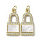 Brass Micro Pave Cubic Zirconia Pendants, Cadmium Free & Lead Free, with Shell, Lock, Real 18K Gold Plated, 23x10.5x3mm, Hole: 3mm