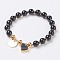 Natural Dyed & Heated Black Agate Beads Stretch Bracelets, with Electroplate Natural Druzy and Brass Findings, Heart and Flat Round, 2-1/8 inch(5.5cm), Charms: 12~13x12x1~7mm