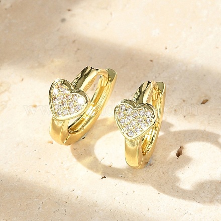 Серьги-кольца из латуни с микропаве и прозрачным кубическим цирконием в форме сердца EJEW-D311-106G-1