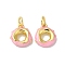Brass Enamel Charms, with Jump Ring, Lead Free & Cadmium Free, Long-Lasting Plated, Donut Charm, Real 18K Gold Plated, Pink, 11x9x3mm, Hole: 3.5mm
