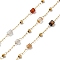 304 Stainless Steel Handmade Chains, Natural Gemstone and Steel Beads Chains, Unwelded, with Spool, Real 18K Gold Plated, 2x1x0.3mm, 10m/roll
