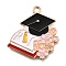Alloy Enamel Pendants, Light Gold, Bachelor's Cap with Flower & Book, Pink, 26x25x1mm, Hole: 2mm