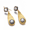 Natural Pearl Dangle Earrings, with Polymer Clay Rhinestone and Brass Findings, Teardrop, Matte Gold Color, 59mm, Pin: 0.7mm