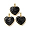 Handmade Lampwork Pendants, with Brass Findings, Long-Lasting Plated, Lead Free & Cadmium Free, Heart Charms, Black, 28x26x4mm, Hole: 6.5x4mm