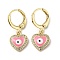 Real 18K Gold Plated Brass Dangle Leverback Earrings, with Enamel and Cubic Zirconia, Heart with Evil Eye, Deep Pink, 25x10.5mm