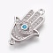 Brass Micro Pave Cubic Zirconia Links, Long-Lasting Plated, Hamsa Hand/Hand of Fatima/Hand of Miriam, Lead Free & Nickel Free & Cadmium Free, Clear, Real Platinum Plated, 22x14x2mm, Hole: 1mm