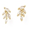 Rack Plating Brass Leaf Stud Earrings with Cubic Zirconia, Lead Free & Cadmium Free, Real 18K Gold Plated, 13x7mm