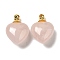 Natural Rose Quartz Perfume Bottle Pendants, Heart Charms with Golden Plated 304 Stainless Steel Findings, 28x20x12mm, Hole: 2mm