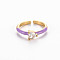 Brass Enamel Cuff Rings, Open Rings, Solitaire Rings, with Clear Cubic Zirconia, Nickel Free, Heart, Golden, Dark Orchid, US Size 7(17.3mm)