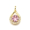 Brass Micro Pave Cubic Zirconia Pendants, Teardrop, Rack Plating, Long-Lasting Plated, Lead Free & Cadmium Free, Real 18K Gold Plated, Pink, 15.5x9.5x4.5mm, Hole: 3x2mm