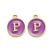 Golden Plated Alloy Enamel Charms, Enamelled Sequins, Flat Round with Alphabet, Letter.P, Purple, 14x12x2mm, Hole: 1.5mm