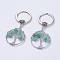 Natural Green Aventurine Keychain, with Iron Key Rings and Brass Finding, Flat Round with Tree of Life, 65~67mm, 36x29x5~8mm