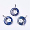 Natural Dyed Lapis Lazuli Pendants, with Shell, Rhinestone and Platinum Tone Brass Findings, Flat Round with Flower, 35.5~36x28x8mm, Hole: 5x8mm