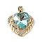 Real 18K Gold Plated Rack Plating Brass Micro Pave Clear Cubic Zirconia Pendants, with Glass, Long-Lasting Plated, Cadmium Free & Lead Free, Heart Charm, Medium Turquoise, 19x19x8mm, Hole: 5x3mm