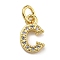 Initial Letter Brass with Cubic Zirconia Charms, Real 18K Gold Plated, Long-Lasting Plated, Lead Free & Cadmium Free, Letter C, 11x6.5x1.5mm, ring: 5x1mm, inner diameter: 3mm