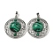 Synthetic Malachite Pendants, Rack Plating Brass Hollow Flat Round Charms, Cadmium Free & Lead Free, Platinum, 36.5x33x9.5mm, Hole: 7.5x5mm